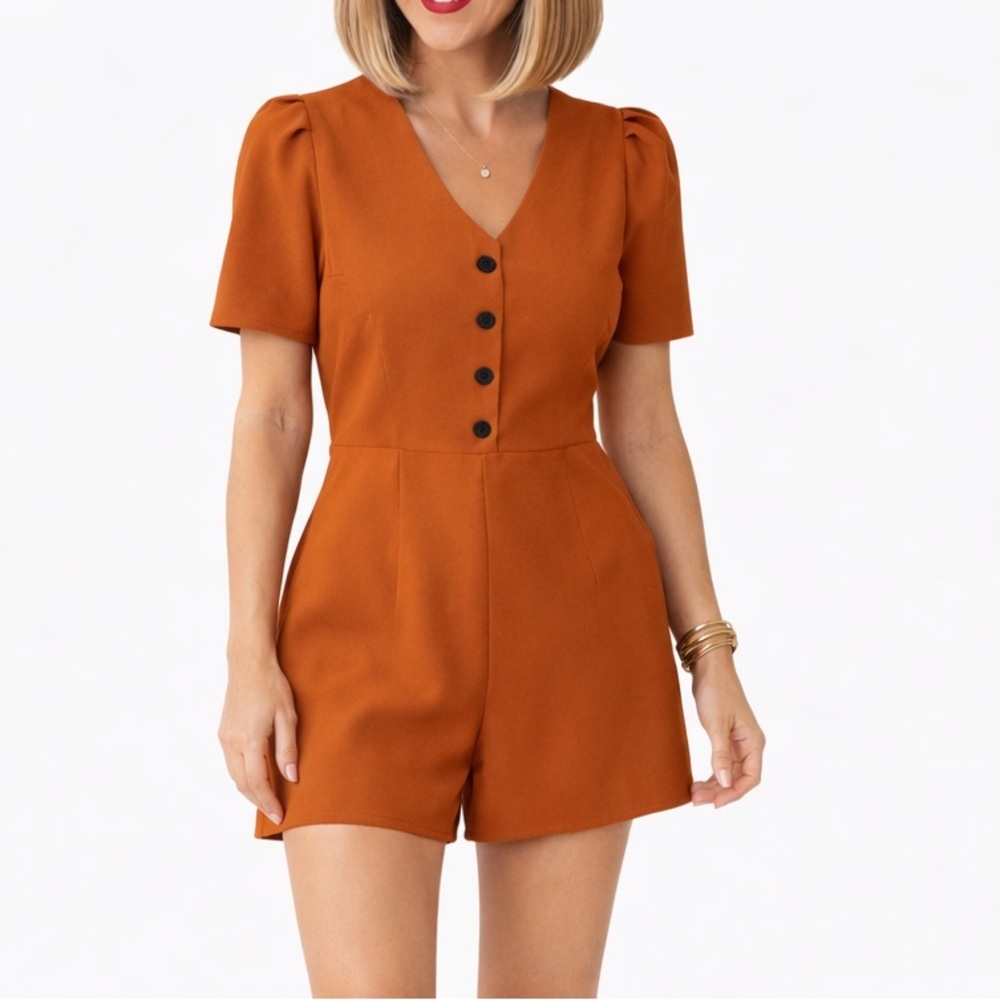Burnt Orange V-Neck Button Front Romper Puff Sleeve Zip Back M